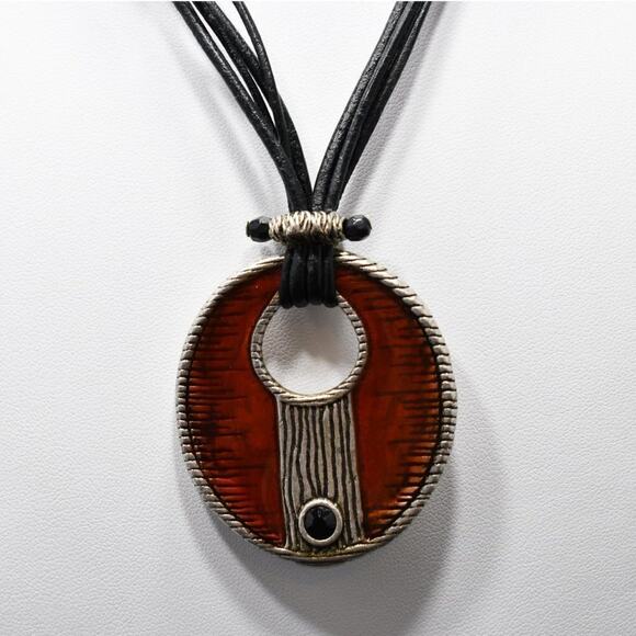 Vintage Chico's Red Enamel Pendant Leather Necklace, 21 Inches - Picture 2 of 8